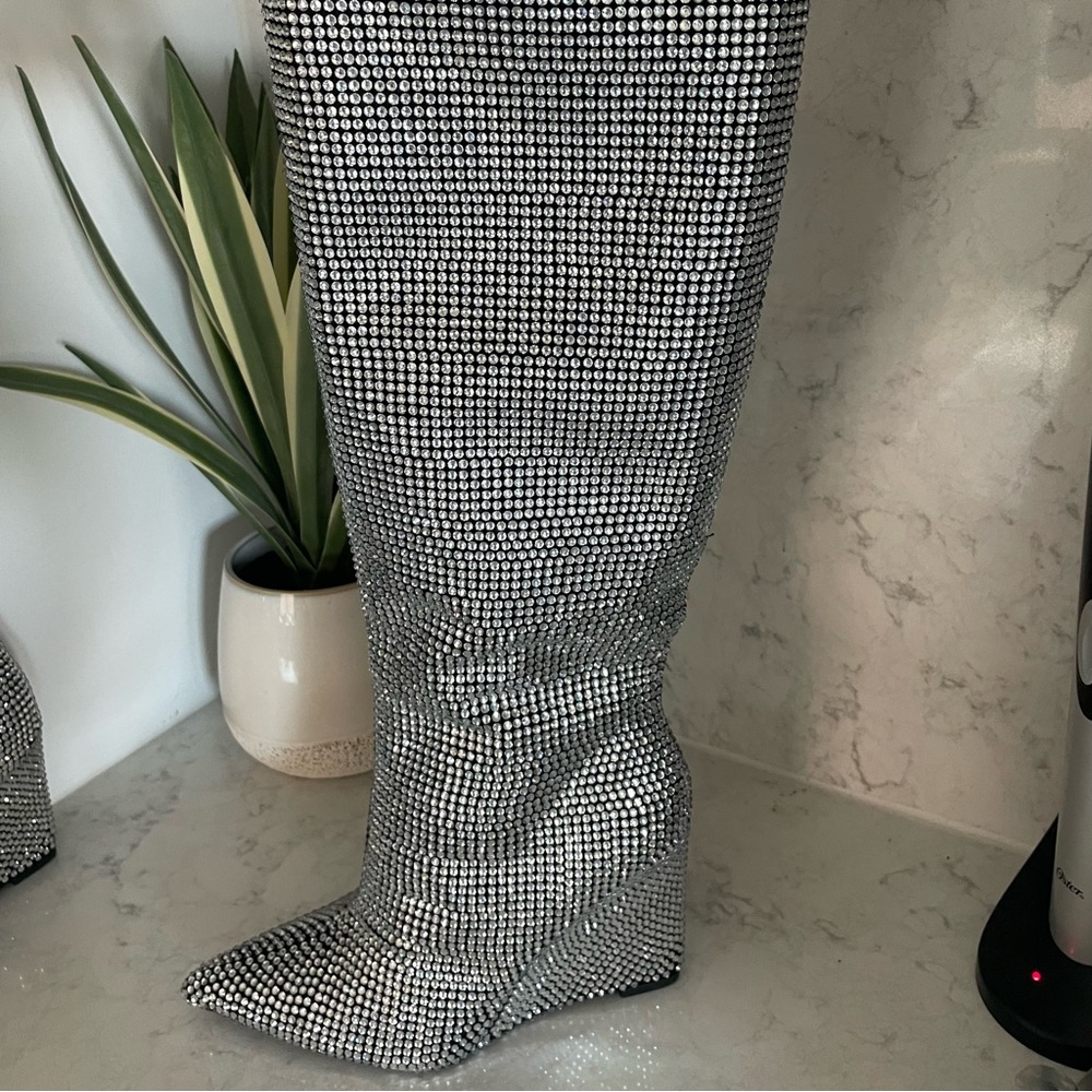 Silver Embellished Knee-High Wedge Boot - Women - Picture 5 of 12
